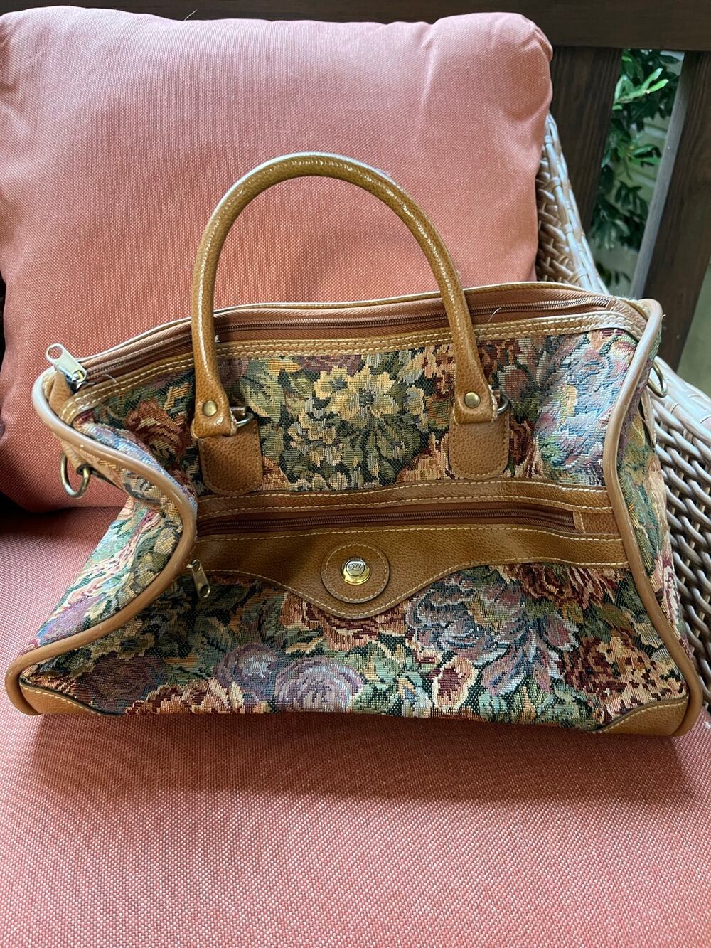 Vintage Tapestry Carpet Bag Purse Floral Satchel Handbag Leather Trim Cottage